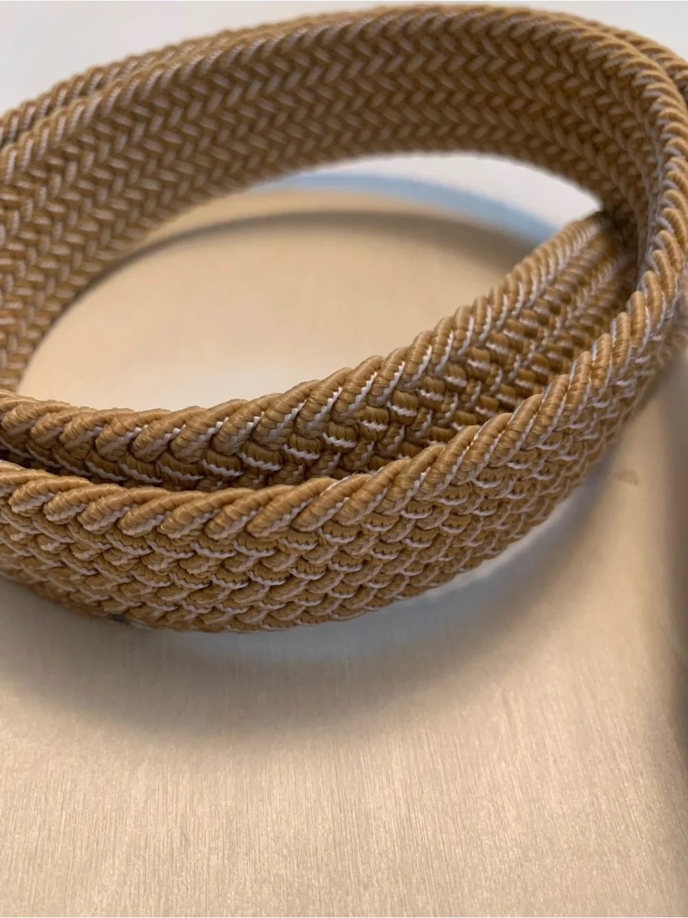 Penguin Braided Tan Stretch Belt with Brown Leather Trim, Size Medium (24-36)